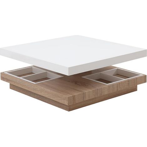 Vente-Unique – Table basse relevable MDF laqué blanc et chêne – Plateau pivotant – 4 niches de rangement – Dimensions 80x80x34 cm