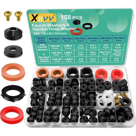 Lot de 158 rondelles en caoutchouc pour robinet et tuyau d'arrosage - Kit de réparation pour différents robinets d'extérieur (1/5)