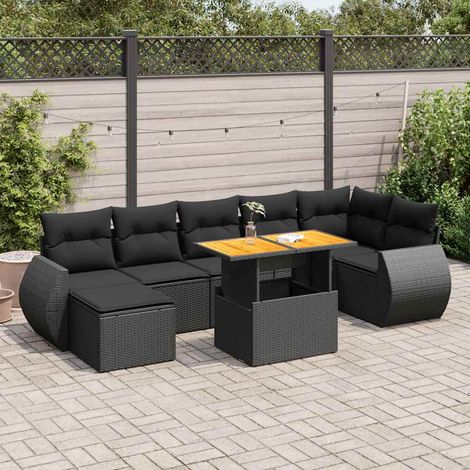 Set de sofás de jardín y cojines 8 piezas ratán sintético negro vidaXL (1/5)