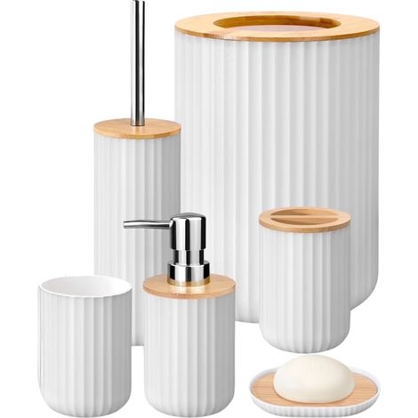 Ensemble de 6 accessoires de salle de bain Simply Joy Premium en bambou, design moderne : poubelle, distributeur de savon liquide, porte-brosse à dents, porte-savon, brosse WC avec support, gobelet. O (1/5)