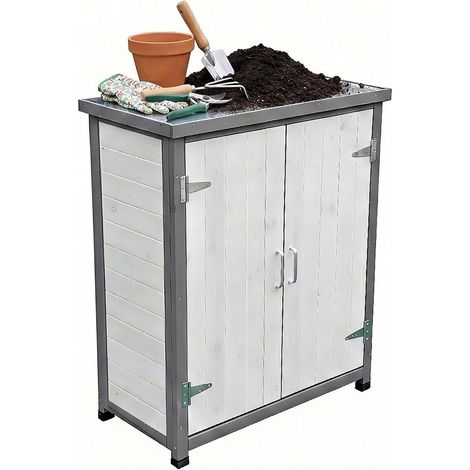 Table de rempotage, Placard en Bois, Plateau galvanisé, HxLxP 90 x 75 x 40 cm, Armoire de Jardin, Blanc/Gris (1/5)