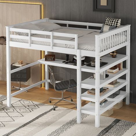 Lit mezzanine enfant 140x200 blanc - Bureau et rangements intégrés sous le lit - (Sans matelas) (1/5)