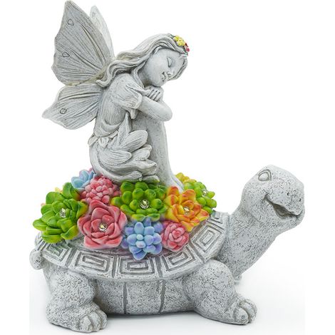 Statue de tortue ange de jardin, lampe solaire d'extérieur en résine, ornement décoratif, lampe féerique florale (1/4)