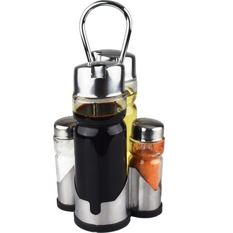 Ensemble salière et poivrière, distributeur d'huile et de vinaigre avec support en acier inoxydable (sel, poivre, huile et vinaigre) (1/5)