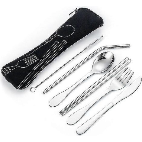 Ensemble de couverts réutilisables, couteau, fourchette, cuillère, baguettes, pailles, brosse de nettoyage (2 ensembles) (6 pièces/ensemble) (1/5)
