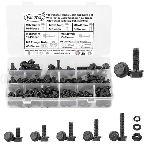 190 Pièces Boulons À Bride Hexagonale M8 Grade 10.9 En Acier Allié Noir Avec Écrous Et Rondelles, Filetage Complet Pas De Filetage 1.25 mm (1/5)