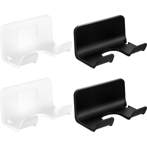 4 soportes adhesivos de pared para secadores de pelo, blancos y negros, para hoteles. (1/5)