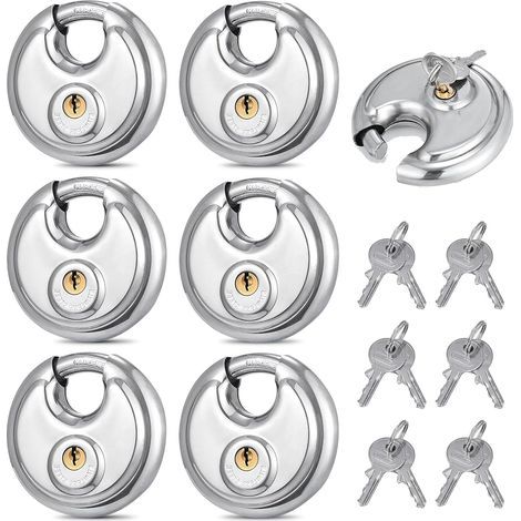 Set mit 6 Scheibenschlössern, 70 mm, Edelstahl, mit Schlüssel, rostfrei, wetterfest, Sicherheitsschloss für Lagerhalle, Garage, Gartenhaus und Fitnessstudio (1/5)