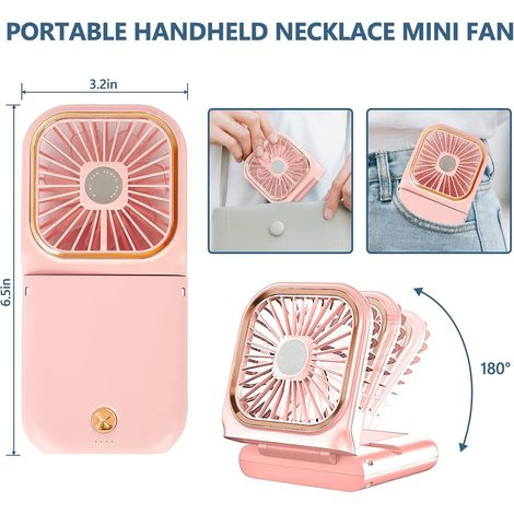 Ventilateur Cou Portable - Personnel - Silencieux pliable rechargeable USB support téléphone - Maison bureau voyage extérieur - Rose (1/4)