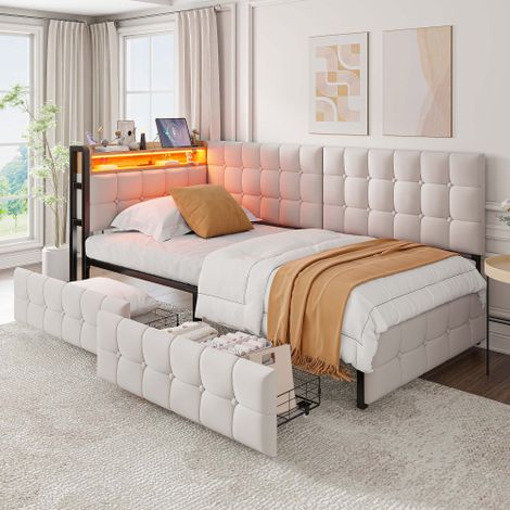 Lit enfant rembourré 90x200 cm avec 2 tiroirs, lampe LED et ports USB/Type-C, lit simple en tissu beige (1/5)