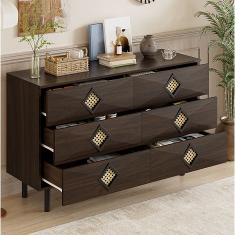 meuble rangement console 6 tiroirs 120 cm chambre noyer OKMYHOME (1/5)