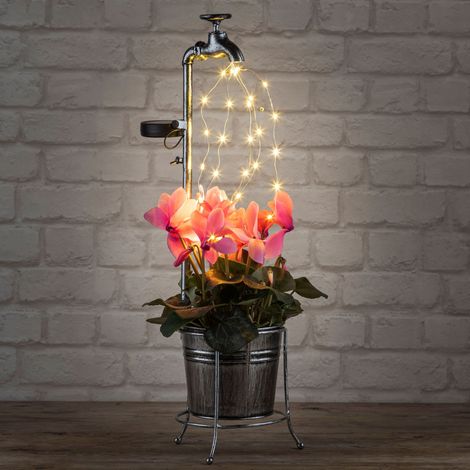 LED Solar Deko Wasserhahn mit Blumentopf - 60 x 17 cm - Garten Beleuchtung mit 30 LED in warm weiß