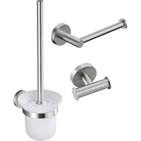 FugaFlow Eccelente Ensemble d'accessoires WC 3 pièces - porte-rouleau sans couvercle - brosse WC - double crochet rond pour serviette - Acier (1/5)