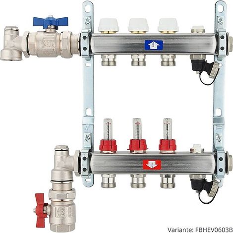 Fußbodenheizungsverteiler aus Edelstahl mit Topmeter für 3 Heizkreise - mit Anschlussset senkrecht (1/3)