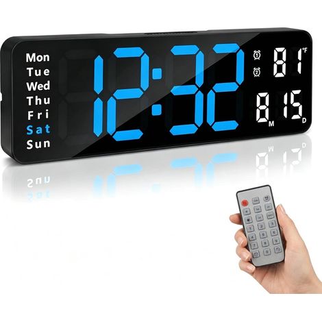Grande horloge murale numérique LED de 33 cm avec télécommande - design moderne, luminosité réglable - affiche l'heure, la date et la température - bleue