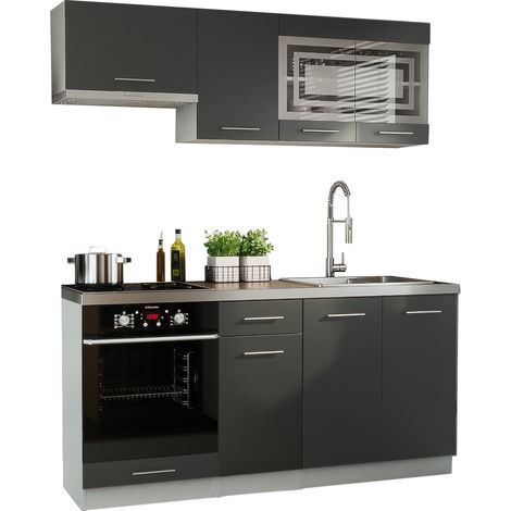 Dusine – Cuisine complète GIOVANNA 6 éléments – Graphite mat 1,80 m – Portes vitrées – Poignées métalliques – Mélaminé et MDF certifié FSC (1/2)