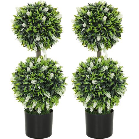 Set of 2 Decorative Artificial Plants Ball Trees with Lavender Flowers in Pot Fake Plants for Home Indoor Outdoor Decor, 70cm, White