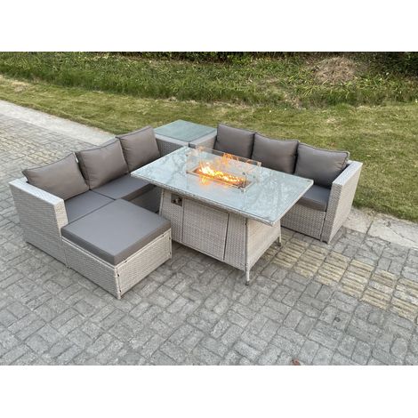Fimous Light Grey Corner Rattan Fire Pit Garden Furniture Set Gas Heater Burner Lounge Sofa With Side Coffee Table Big Footstool (1/4)