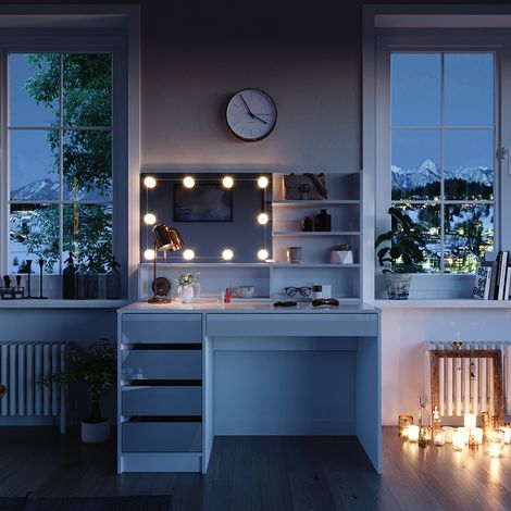 Schminktisch Sherry, Weiß, 145 cm mit LED Beleuchtung, und Spiegelregal, Vicco