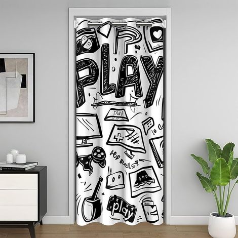 Rideau de Porte Enfant 86x203 Gamer, Rideaux Occultant Gaming Deco Chambre Ado Garcon, Rideau de Placard Jeux Vidéo Manette de Jeu, Rideaux Intérieurs Graffiti Noir et Blanc - 86L X 203H cm (1 Panneau (1/5)