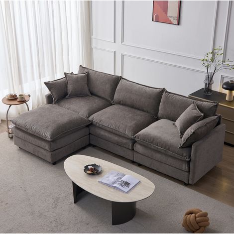 Canapé d’angle modulable 3 places en chenille grise avec pouf mobile (1/5)