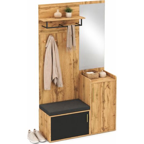 Meuble d'entrée avec miroir, banc rembourré, meuble à chaussures et rangement vestiaire, portes soft-close, effet bois clair et noir, compact pour petit espace – CHICFURN (1/5)