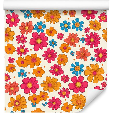 Carta da parati con fiori color crema, oro e corallo per soggiorno e camera da letto, 50x1000 cm. (1/5)