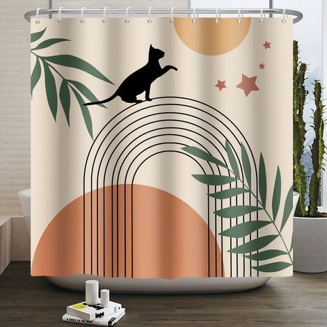BRAVIX Boho Duschvorhang 180x180, Mid-Century abstraktes Design mit schwarzer Katze, grünen Blättern, Schleife, Sonne und Mond, beige, moderner minimalistischer geometrischer Ästhetik-Badevorhang mit (1/5)