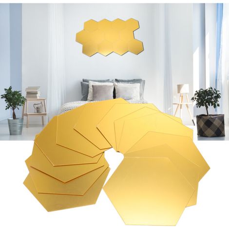 [Miroirs adhésifs] Autocollants Mur en Miroir Hexagonal doré XL:15cm, 12Pcs - Décoration Murale Acrylique pour Cuisine, Salle de Bain, Chambre, Salon