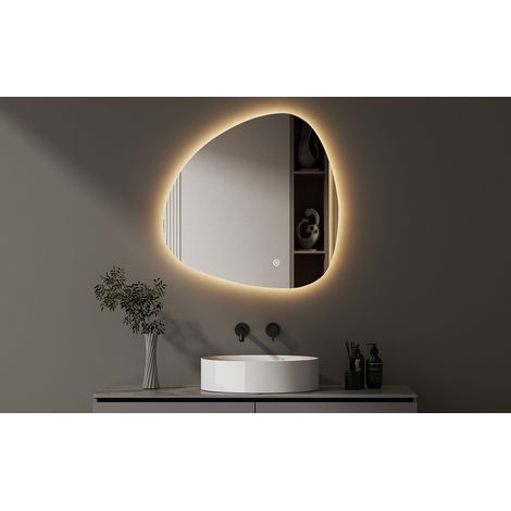 Asymmetrischer Spiegel mit Beleuchtung 80 x 80 cm Badspiegel Asymmetrischer mit Beleuchtung Spiegel mit Licht Badezimmerspiegel mit Beleuchtung Organischer Wandspiegel mit 3 Lichtfarben Dimmbar Speich (1/5)