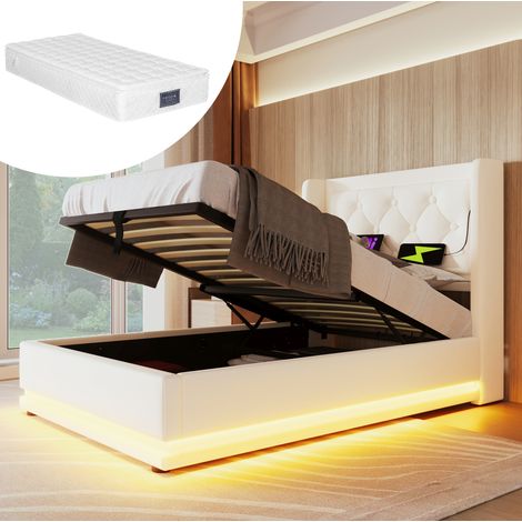 Bett Einzelbett Stauraum 90x200 PU Weiß OKMYHOME (1/5)