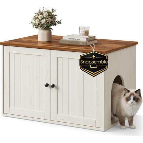 Meuble Litière Chat, Assemblage Ultra-rapide sans Outils Toolless, Cache-litière pour Chats, Porte à Ouverture par Pression, Maison de Toilettes, Blanc Rustique et Marron Miel PCL233WJ05 (1/5)
