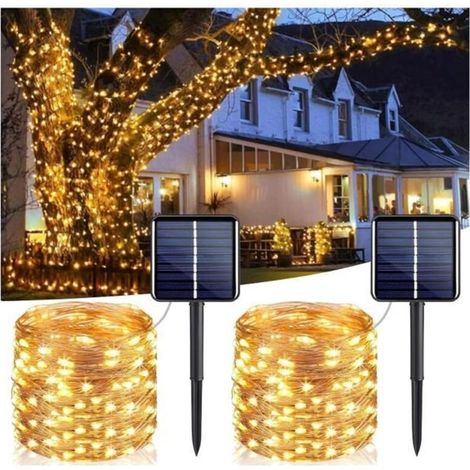 Set of 2 outdoor solar string lights, 12m, 100 LEDs, IP65 weatherproof, copper wire, with 8 modes for Christmas.
