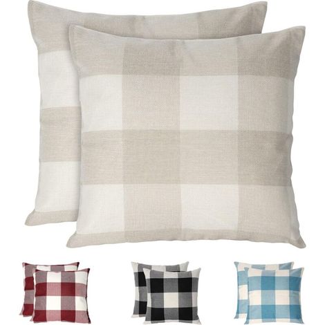 Housses de Coussin à Carreaux , Lot de 2 taie d'oreiller en Lin résistant aux Rides et Respirant, taie d'oreiller à Carreaux, Housses de Coussin décorative pour la Maison,Beige