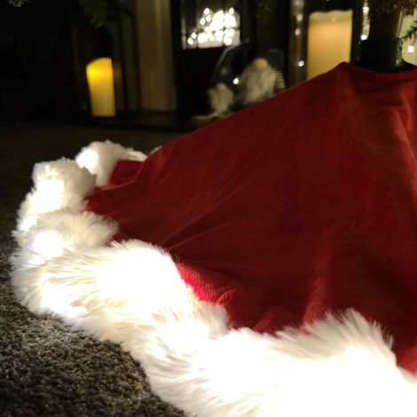 90cm LED USB Red Faux Fur Christmas Tree Skirt with White Trim (1/5)
