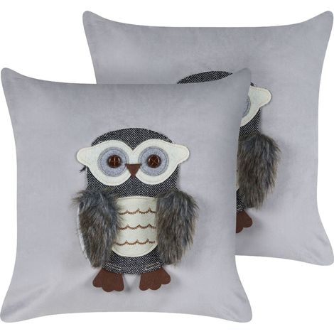 Set di 2 cuscini in velluto motivo gufo 45 x 45 cm sfoderabili con imbottitura Grigio Ophrys (1/5)