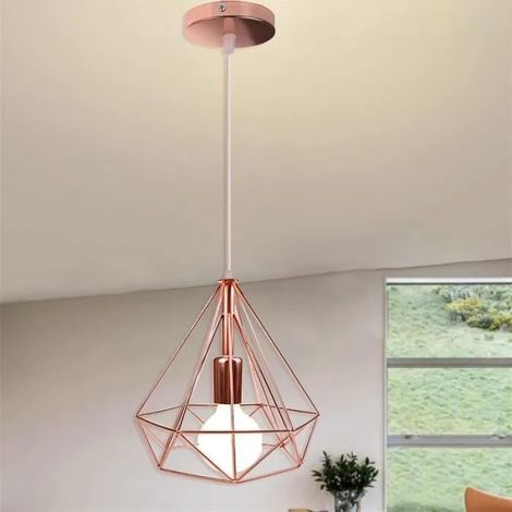 U-Do Lustre Suspension Luminaire Vintage 25cm Lampe Cage forme Diamant en Métal Or Rose pour Salon Couloir (1/4)