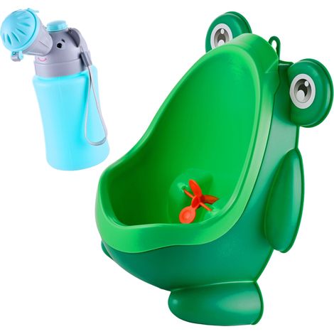 Relaxdays Children's Urinal, Set of 2, Wall & On-the-Go, Potty Trainer for Boys, Frog & Elephant, Travel, Multicoloured (1/5)
