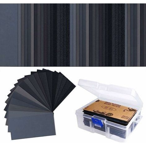 102 feuilles de papier de verre pour usage à sec ou à l'eau, grain 60 à 3000, format 7,6 x 14 cm, pour le traitement des surfaces de véhicules et de meubles en bois, par DEBUNS (1/5)