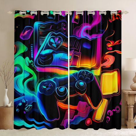 Rideau Occultant 140x260 cm Console de Jeu, Rideau Gamepad pour Garçons, Rideaux Voilage Jeux Vidéo pour Adolescents, Voilage Fenetre Contrôleur de Jeu pour Chambre Salon - 140L X 260H cm (2 Panneaux) (1/5)