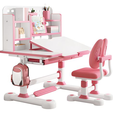 Kinderschreibtisch - Schreibtisch- und Stuhlset, Tischplatte um 50 Grad neigbar, höhenverstellbar, Tisch bis 300 kg belastbar, Maße 111 x 80 x 54 cm, rosa