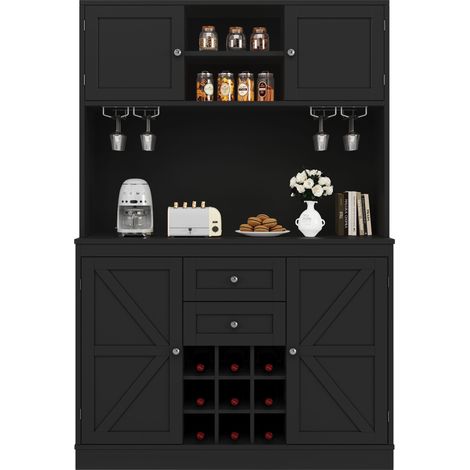 Küchenbuffet Hochschrank mit 4 Türen, 2 Schubladen, Verstellbaren Einlegeböden und Weinregal, MDF, Schwarz, 120 x 40 x 188 cm (1/5)