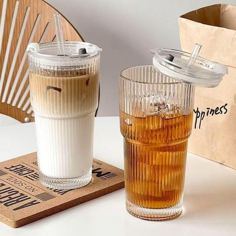 Verre à Eau - Lot de 2 - Verre Borosilicate - 600ml - Avec Couvercle et Paille - Pour Café Glacé et Jus (1/5)
