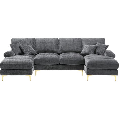 ELVMI Divano Angolare a U con Doppia Chaise Longue e 6 Cuscini, in Ciniglia Grigio, 272 × 136 × 88 cm (1/5)
