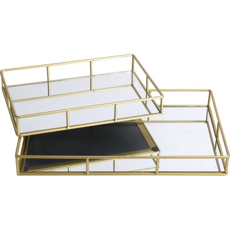 Set de 2 Plateaux en Métal Doré et Miroir Rectangulaires - 40x25X5cm (1/2)