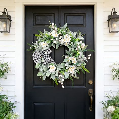 Couronne de Porte Printemps Été 45 cm, Feuillage Artificiel avec Fleurs Blanches et Baies, Décoration pour Maison et Mariage (1/5)