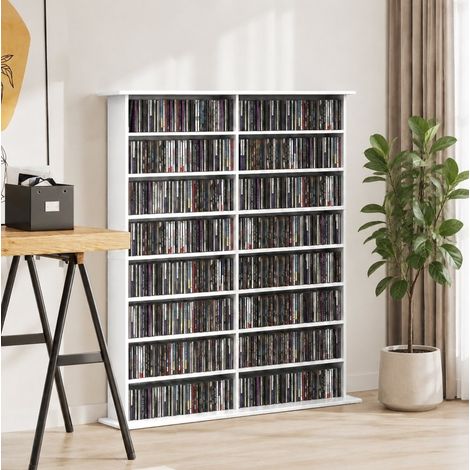 MODFU – Meuble rangement CD/DVD 106,5x24x126,3 cm bois – 16 compartiments et 12 étagères réglables – 720 CD et 30 kg – Salon – Blanc (1/5)