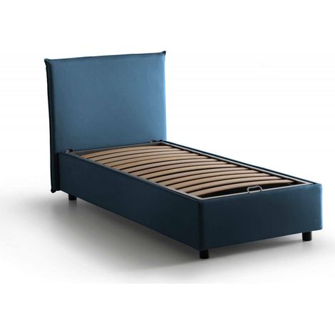 Talamo Italia Letto singolo Candida, Letto contenitore con rivestimento in tessuto, 100% Made in Italy, Apertura laterale, adatto per materasso Cm 80x190, Blu, con imballo rinforzato