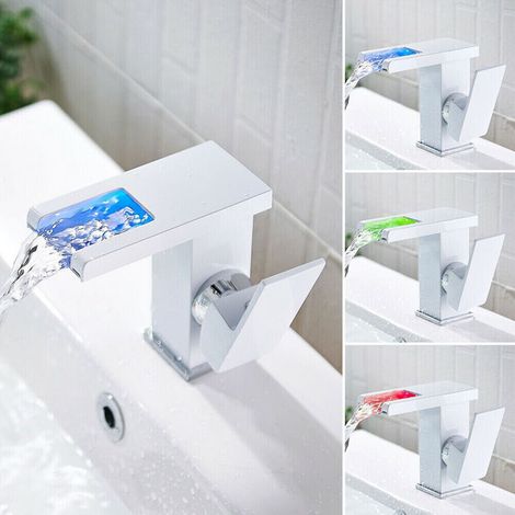 Robinet de Salle de Bain Lumière LED Robinet d\'Évier en Laiton Chromé Robinet à Levier Unique avec RVB 3 Couleurs Variable, Blanc