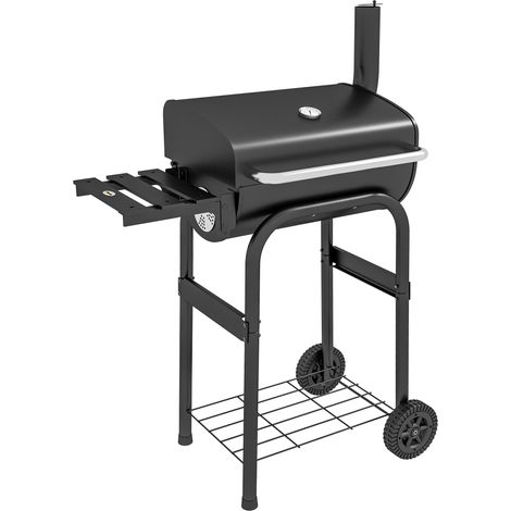 Barbecue charbon de bois sur chariot BBQ, avec tablettes, roues, couvercle, thermomètre, cheminée, métal noir. (1/5)